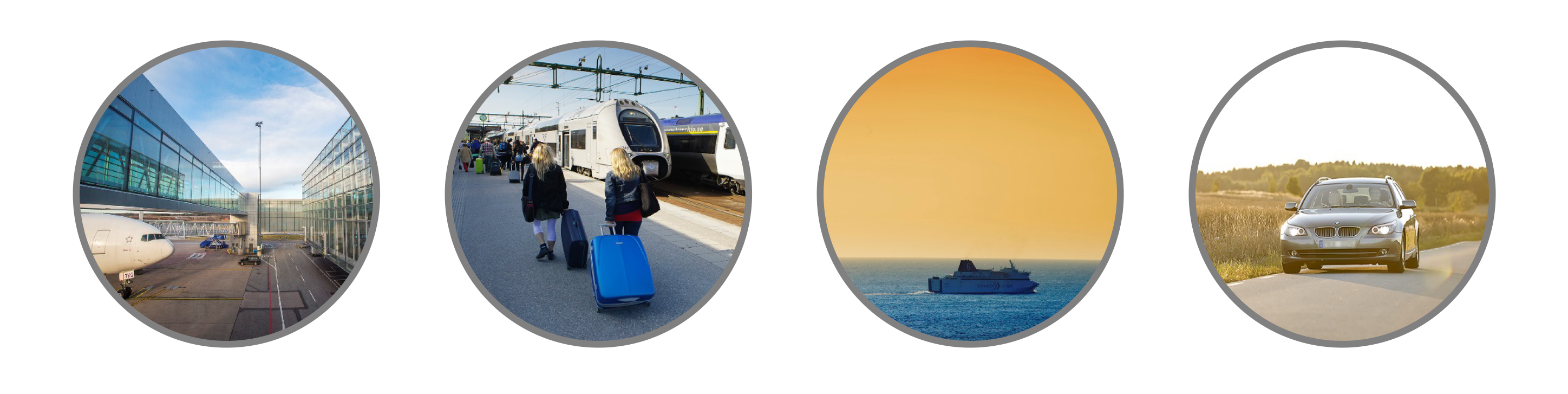 Cirklar med bilder på Transportstyrelsens olika ansvarsområden: luft, järnväg, sjö och vägtrafik.