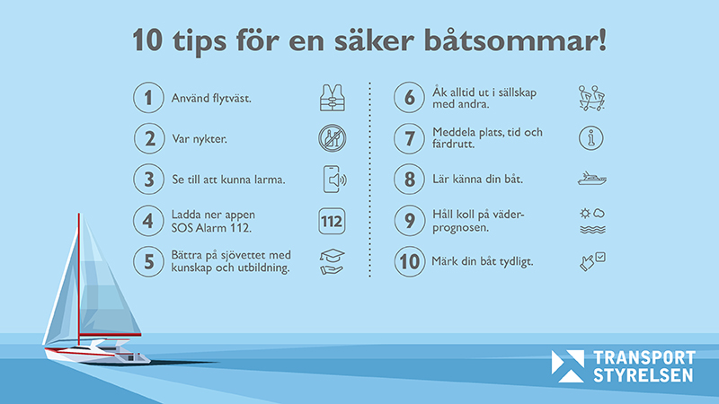 Punktlista med tio tips för en säker båtsommar.