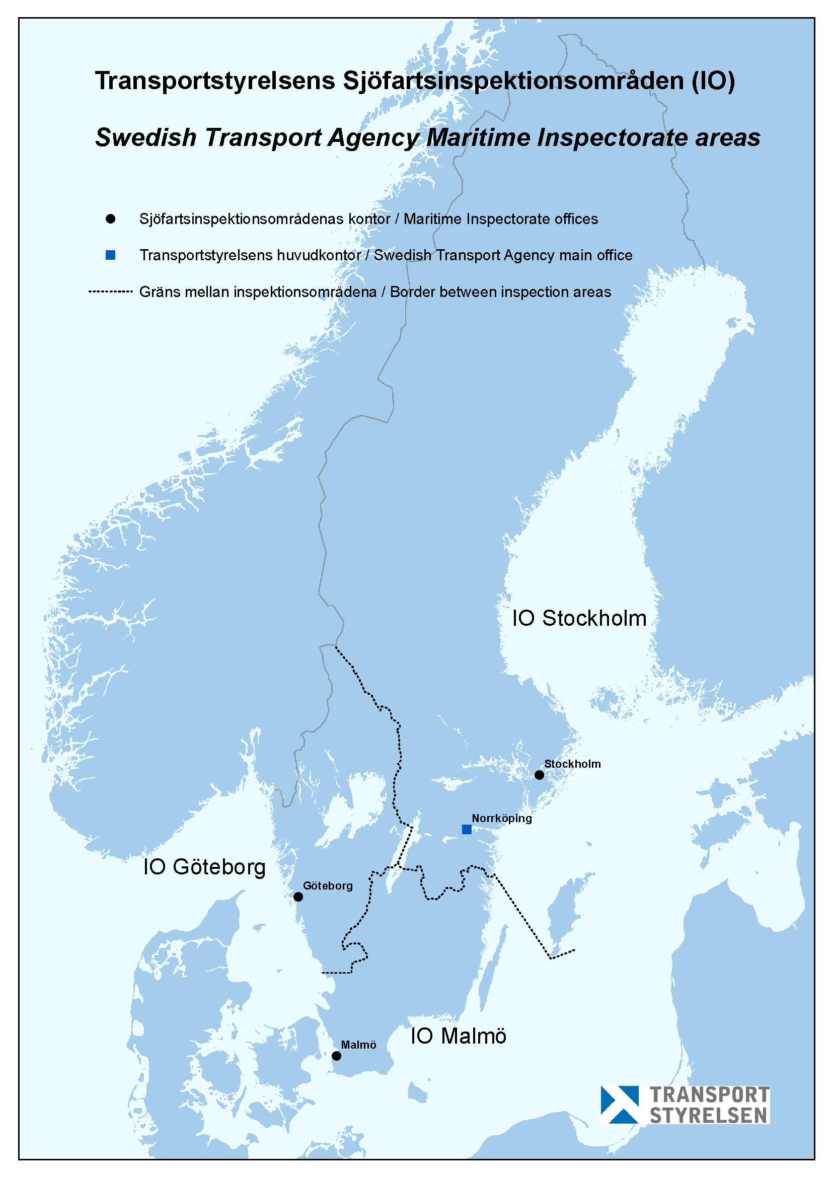 Karta över Transportstyrelsens sjöfartsinspektionsområden