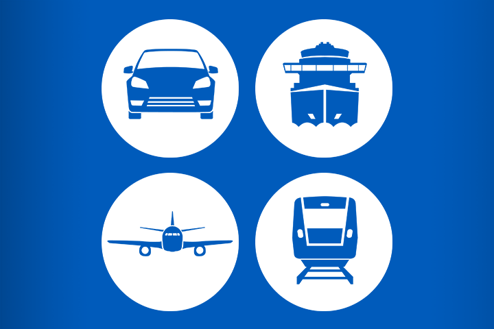 Illustration som visar våra fyra trafikslag: en bil, ett skepp, ett flygplan och ett tåg.