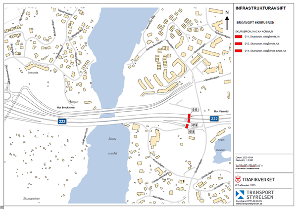 Detaljkarta över betalstationernas placering vid Skurubron