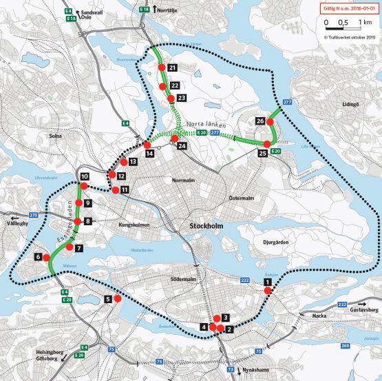 Karta med betalstationernas placering i Stockholm