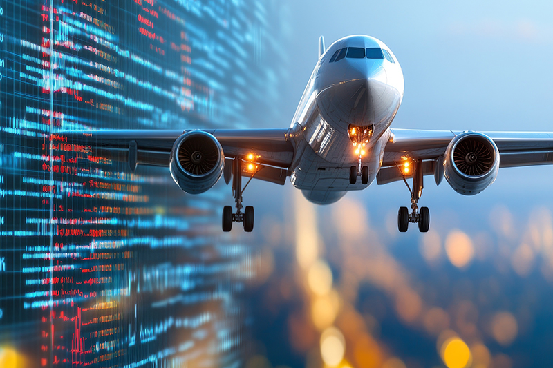 Flygplan som lyfter, i bakgrunden en digital tavla.