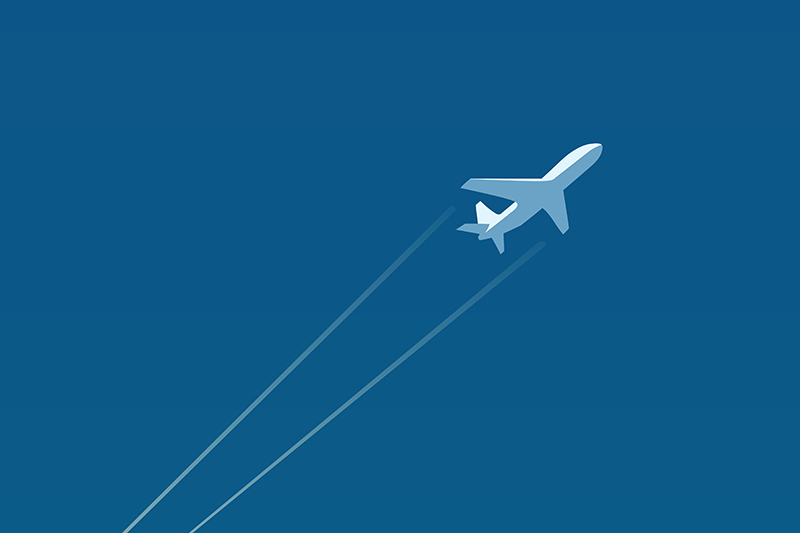 Tecknat flygplan mot en blå bakgrund.