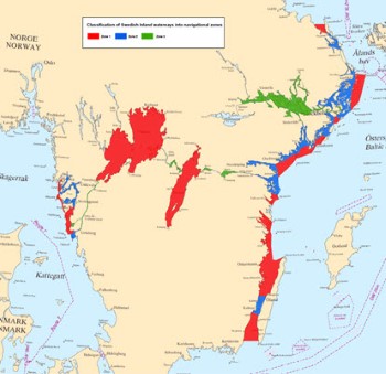 karta som visar Sveriges inre vattenvägar markerade i olika färger för de olika zonerna (klicka för större bild)