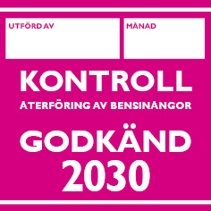 Bild på märke för godkänd kontroll av återföring av bensinångor 2030