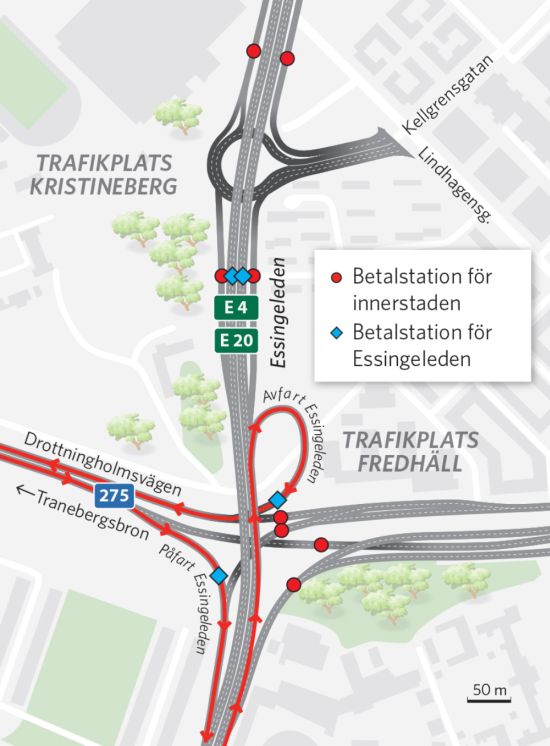 Karta med vägbeskrivningar vid trafikplats Fredhäll