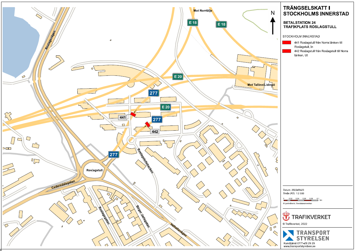 Karta över betalstationer vid trafikplats Roslagstull