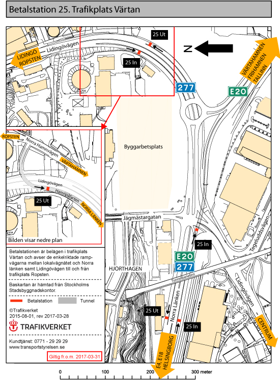 Detaljkarta över betalstationernas placering vid trafikplats Värtan