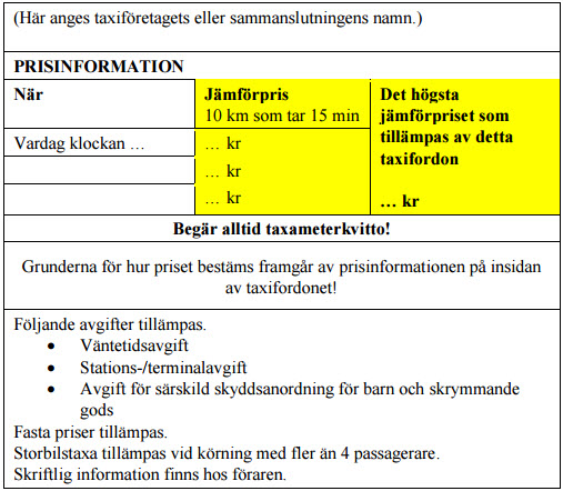 Prisinformation på utsidan av taxifordonet