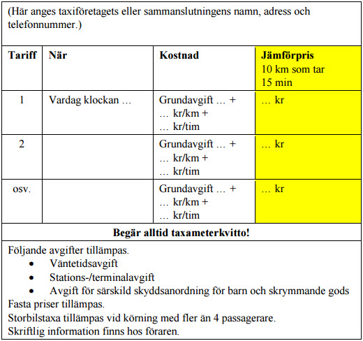 Prisinformation inne i taxifordonet