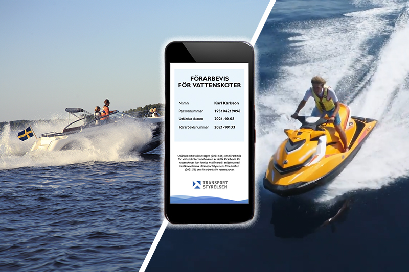 Bilden visar en fritidsbåt, en vattenskoter och ett digitalt förarbevis.