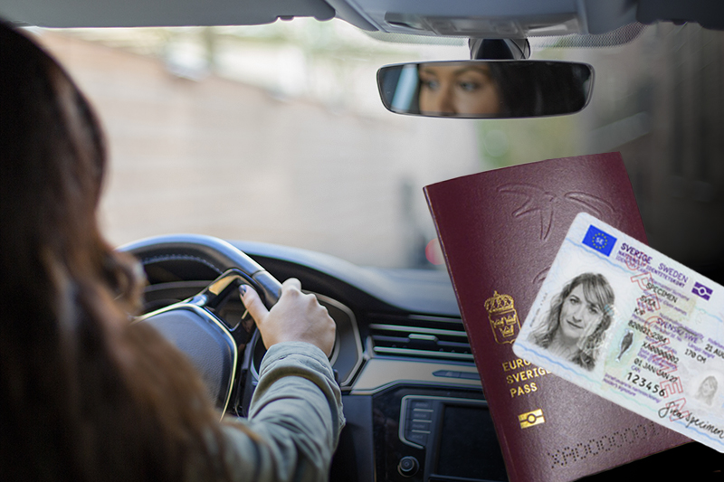 Ung person kör bil. Pass och id-kort infällt i bilden.
