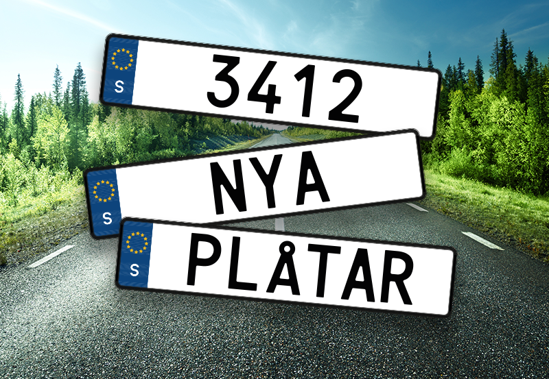 Bild som visar tre personliga skyltar med orden 3412, NYA och PLÅTAR