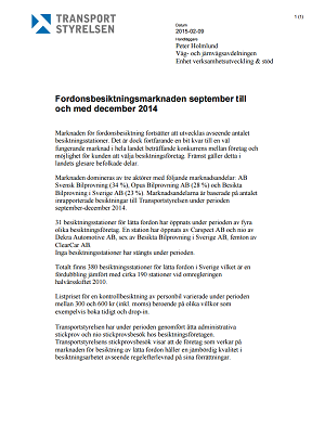 Fordonsbesiktningsmarknaden september till och med december 2014